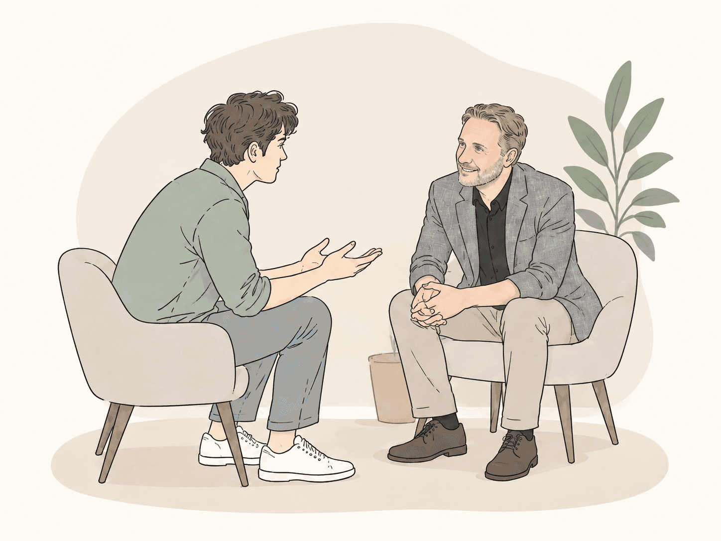 Illustration of a client talking with a counsellor in comfortable chairs