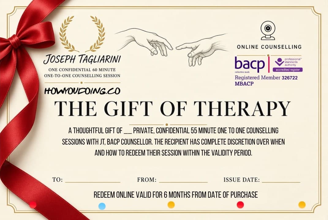The Gift of Therapy certificate from Joseph Tagliarini, with space for To, From and Issue date
