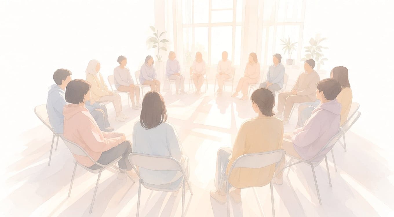 Illustration of a group of people sitting in a circle of chairs in a sunlit room