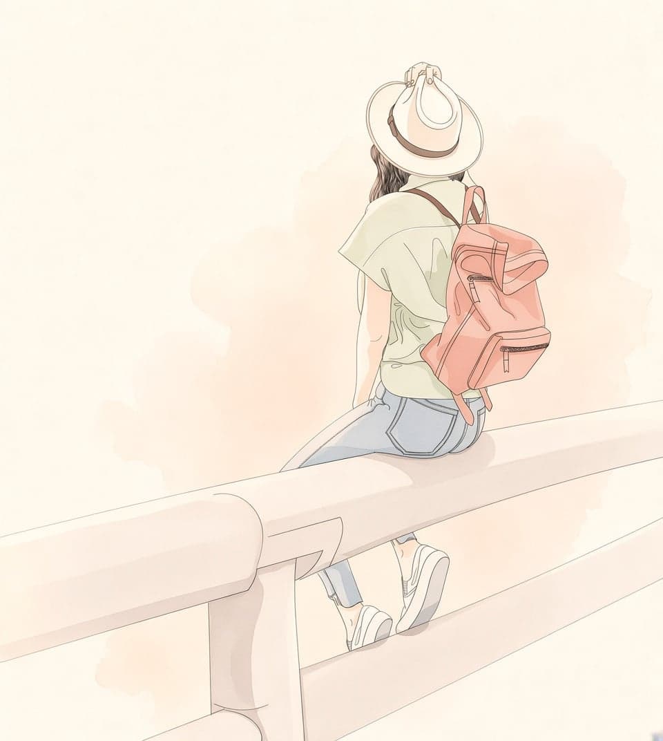 Illustration of a traveller with a backpack sitting on a bridge railing, holding their hat