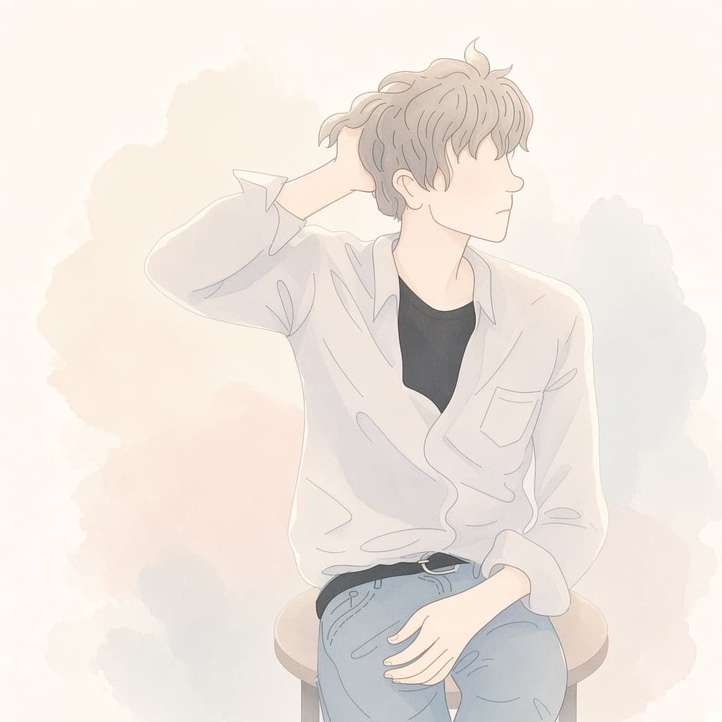 Illustration of a young person sitting on a stool, looking away with a hand in their hair